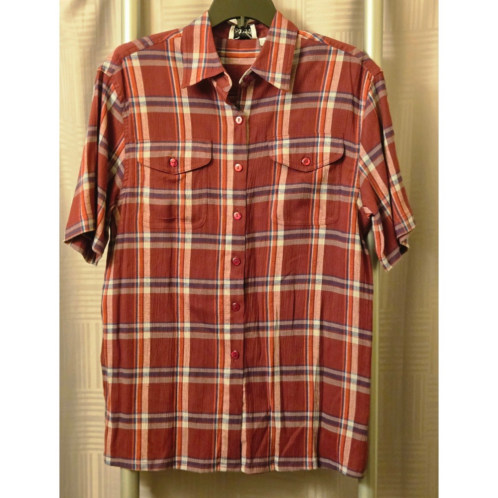 Apparenza Womens Medium Plaid Short‎ Sleeve Button Down Shirt Rust Orange Blue